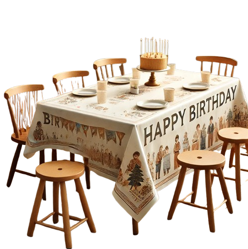 A birthday-themed setting featuring a rectangular table covered with a disposable tablecloth made of PVC or EVA composite material. The tablecloth is decorated with elegant brown illustrations of people celebrating, trees, and a "Happy Birthday" banner, creating a warm and festive atmosphere. The table is surrounded by non-plastic wooden stools and chairs, with a centerpiece including a cake with candles.