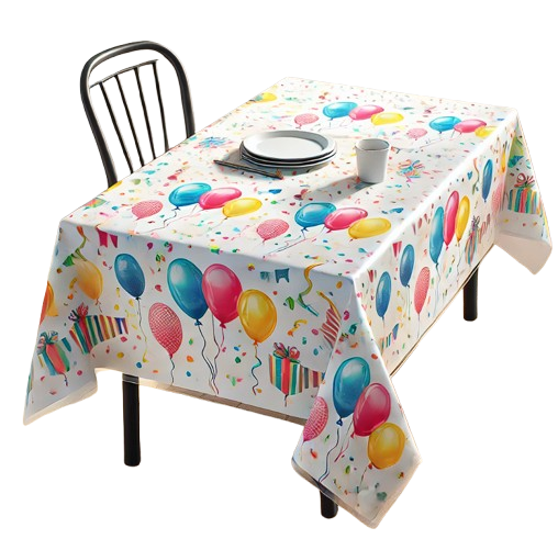 Disposable plastic tablecloth with balloon patterns, suitable for parties, with tableware set on top.