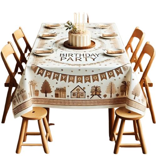 A family-themed setting featuring a rectangular table covered with a disposable tablecloth made of PVC or EVA composite material. The tablecloth is decorated with elegant brown cartoon illustrations, including houses, trees, and presents, creating a warm family atmosphere. The table is surrounded by non-plastic wooden stools and chairs, with a centerpiece including a cake.