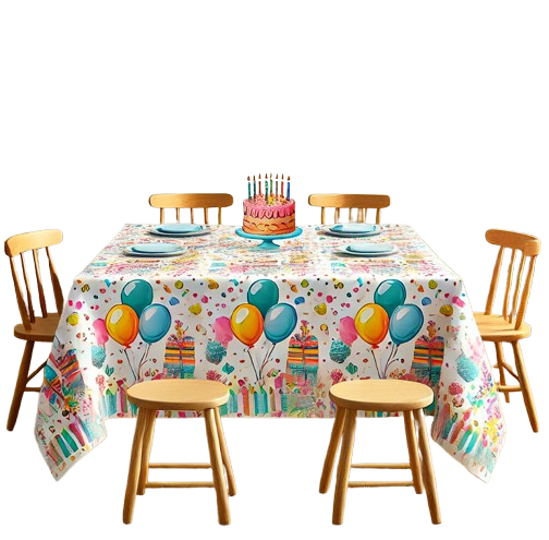 A colorful birthday-themed setting featuring a rectangular table covered with a disposable tablecloth made of PVC or EVA composite material. The tablecloth is decorated with vibrant balloons, presents, and confetti, creating a cheerful party atmosphere. The table is surrounded by non-plastic wooden stools and chairs, with a cake with candles as the centerpiece.