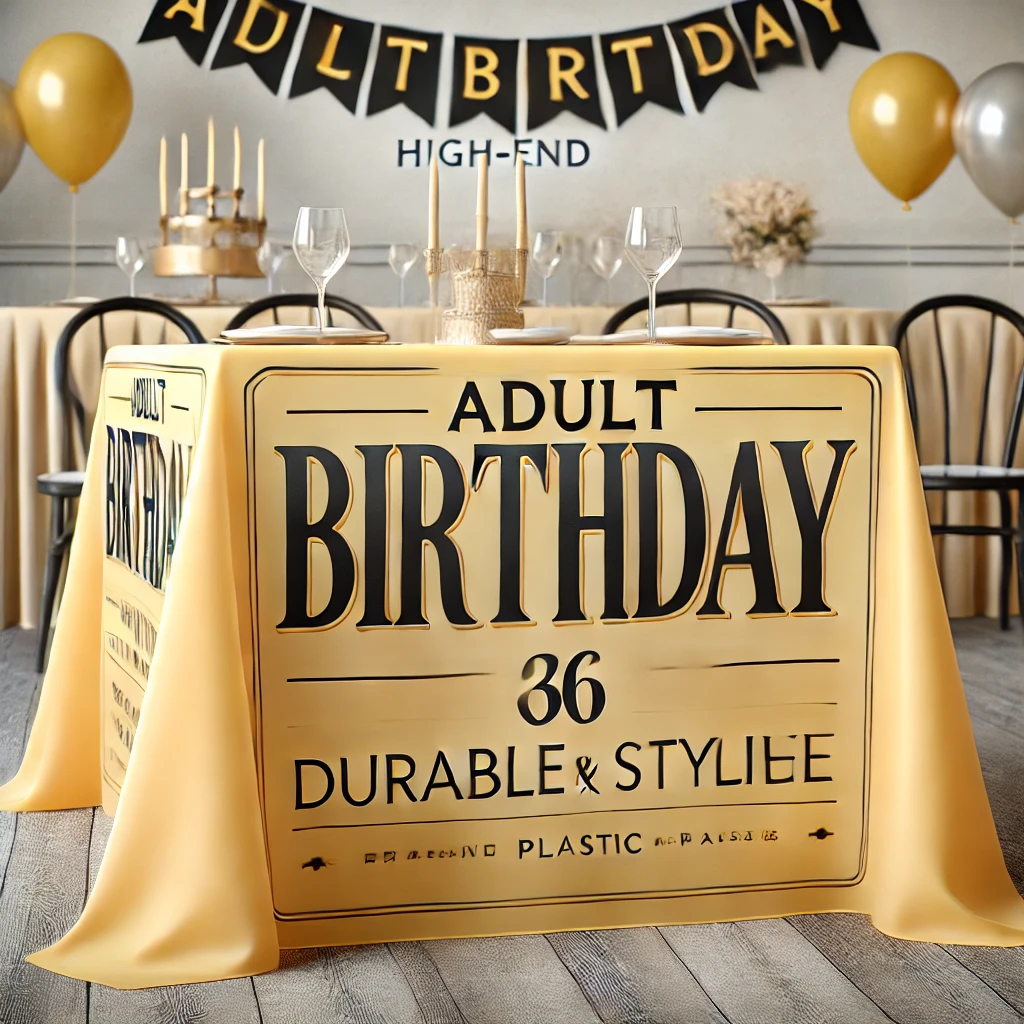 High-end, realistic plastic adult birthday tablecloth in a yellow-themed setup