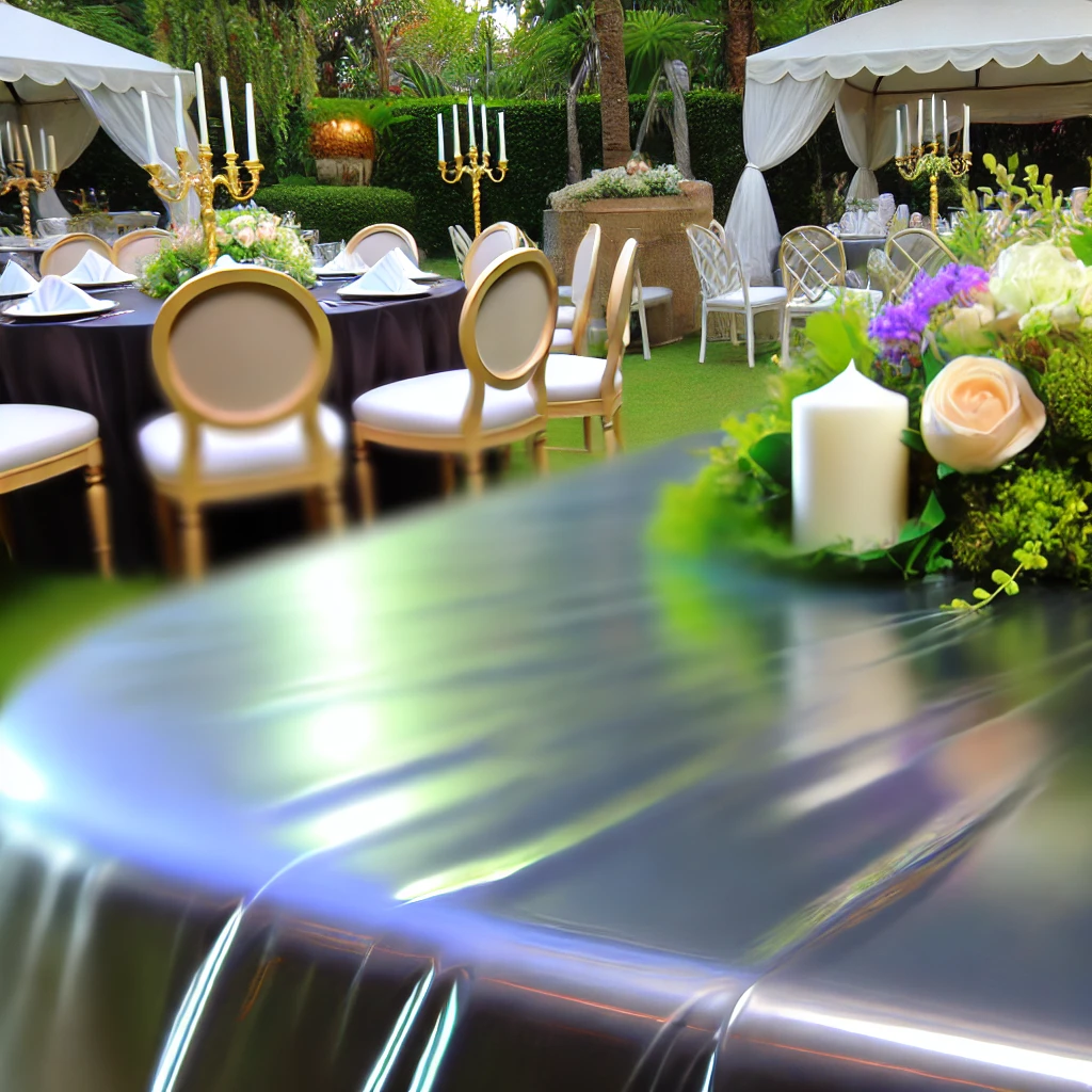 High-end plastic tablecloth designed for an outdoor wedding, featuring a glossy and weather-resistant texture