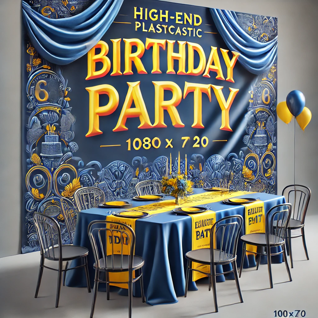 High-end, realistic plastic children's birthday tablecloth with a deep blue and yellow contrast