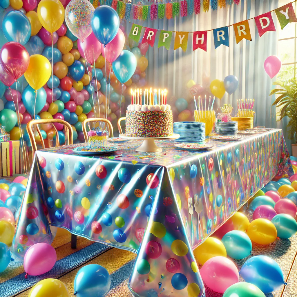 "Luxurious children's party setup with a high-quality plastic tablecloth