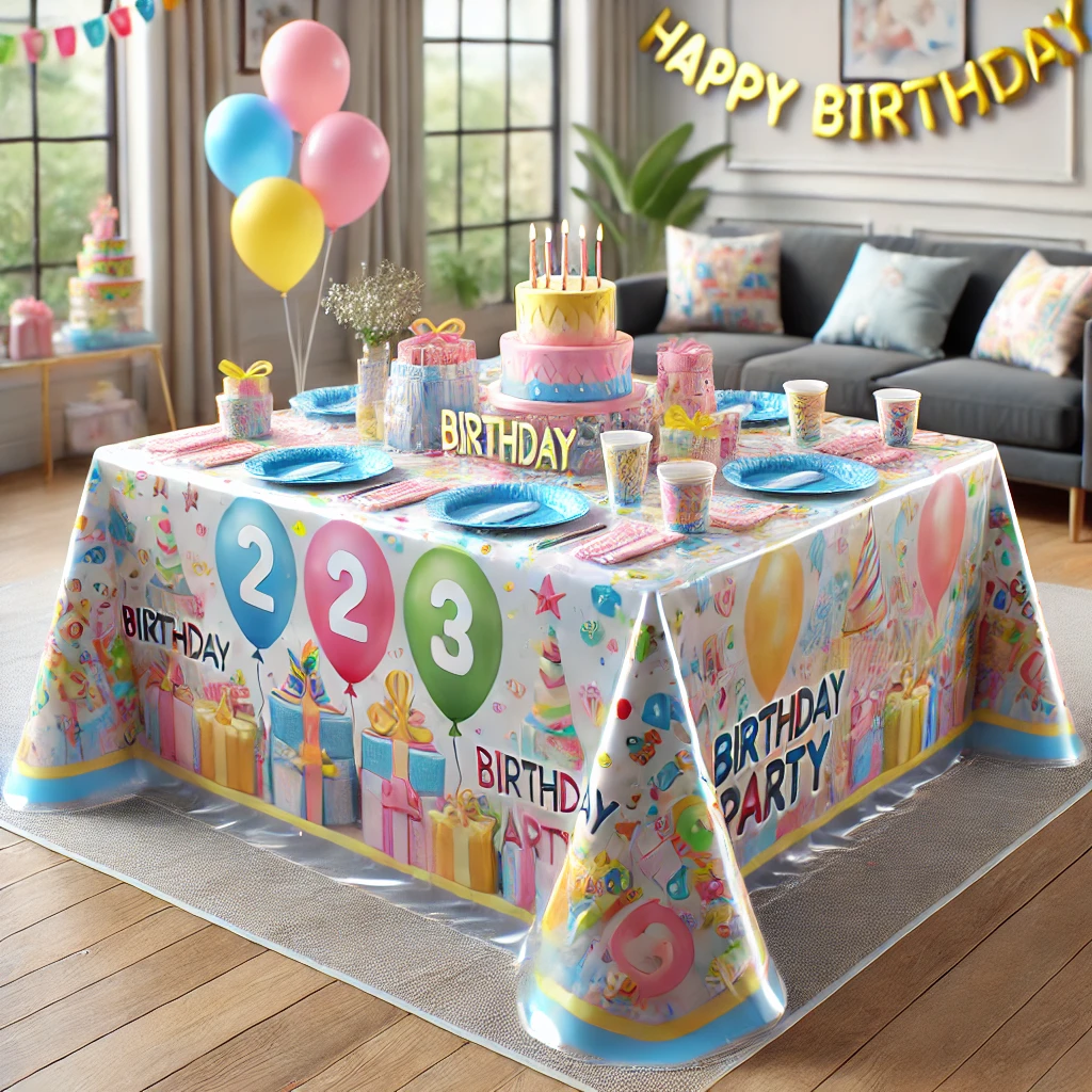 A colorful gift-themed tablecloth for kids' birthday parties, paired with pink balloons and cake setup.