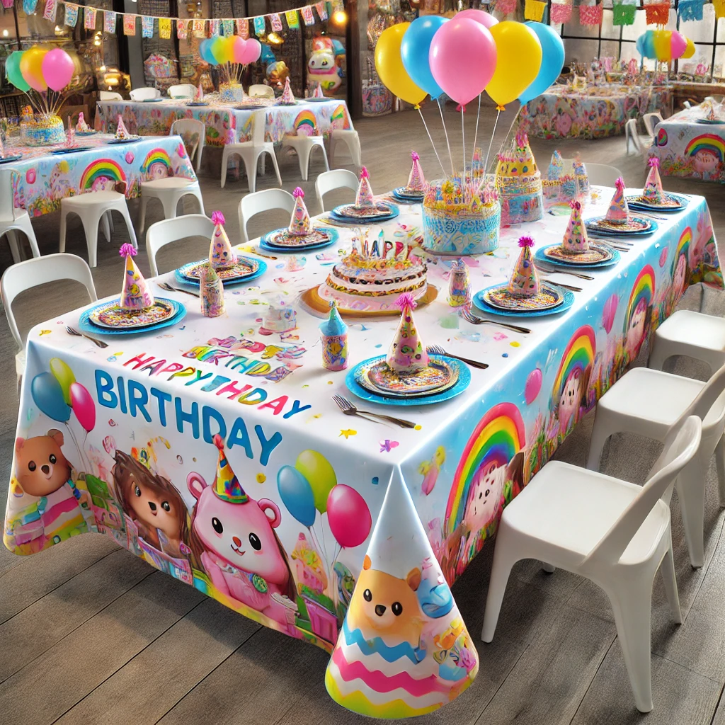 A themed birthday party tablecloth with colorful balloon decorations, set on a long table indoors, ideal for children's parties.